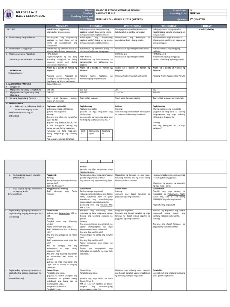 DLL - Filipino 4 - Q3 - W5 | PDF
