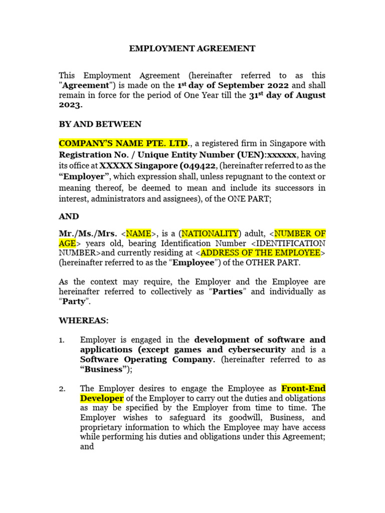 Singapore Employment Agreement Template | PDF | Employment | Sick Leave