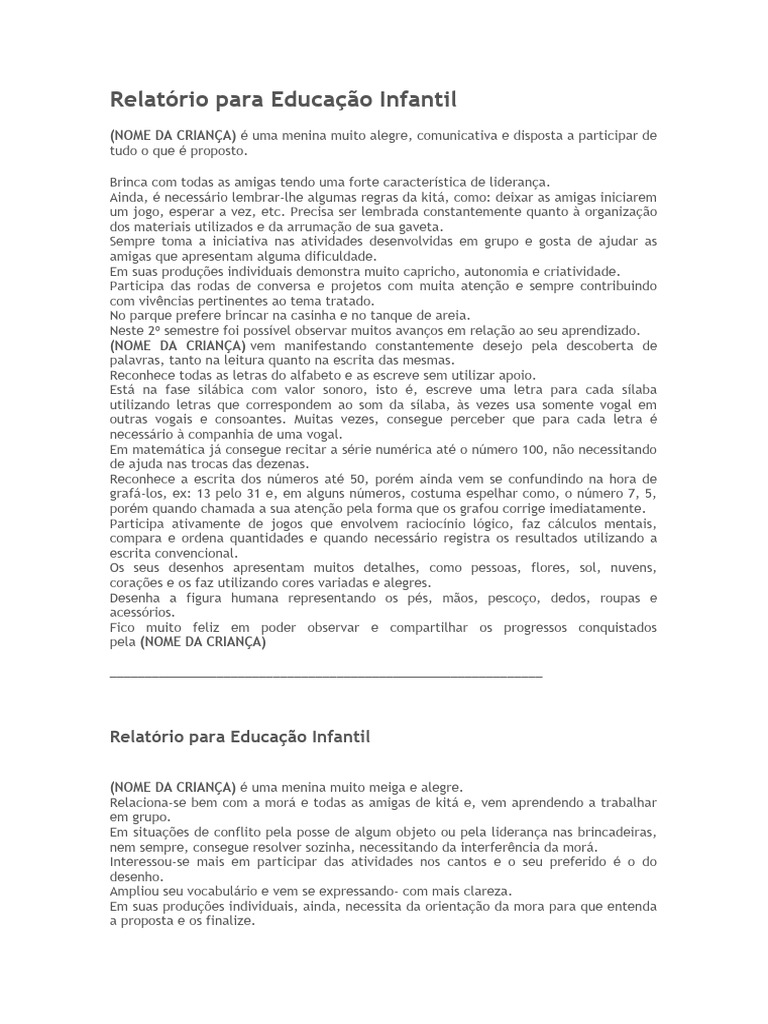 Modelo de Relatório para Educação Infantil | PDF