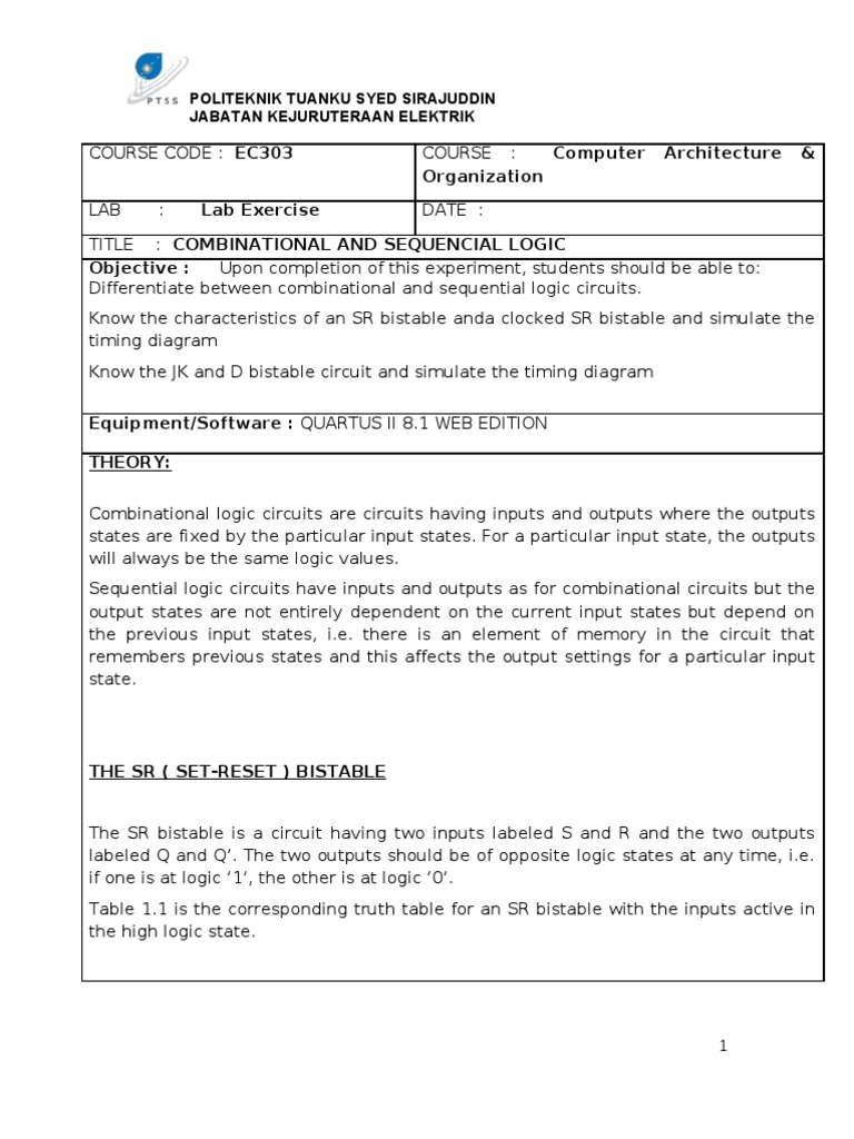 Combinational & Sequential Logic Lab | PDF | Electronic Design | Areas ...
