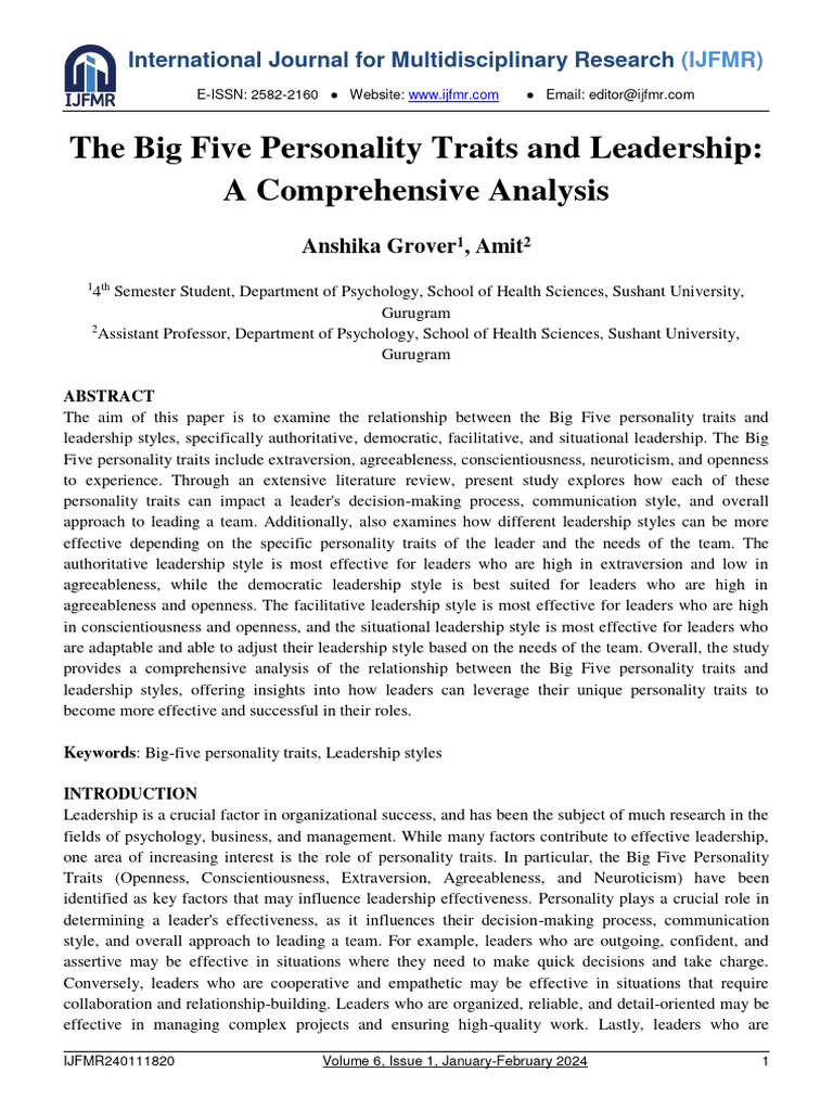 Big Five Traits Impact on Leadership | PDF | Leadership | Survey ...