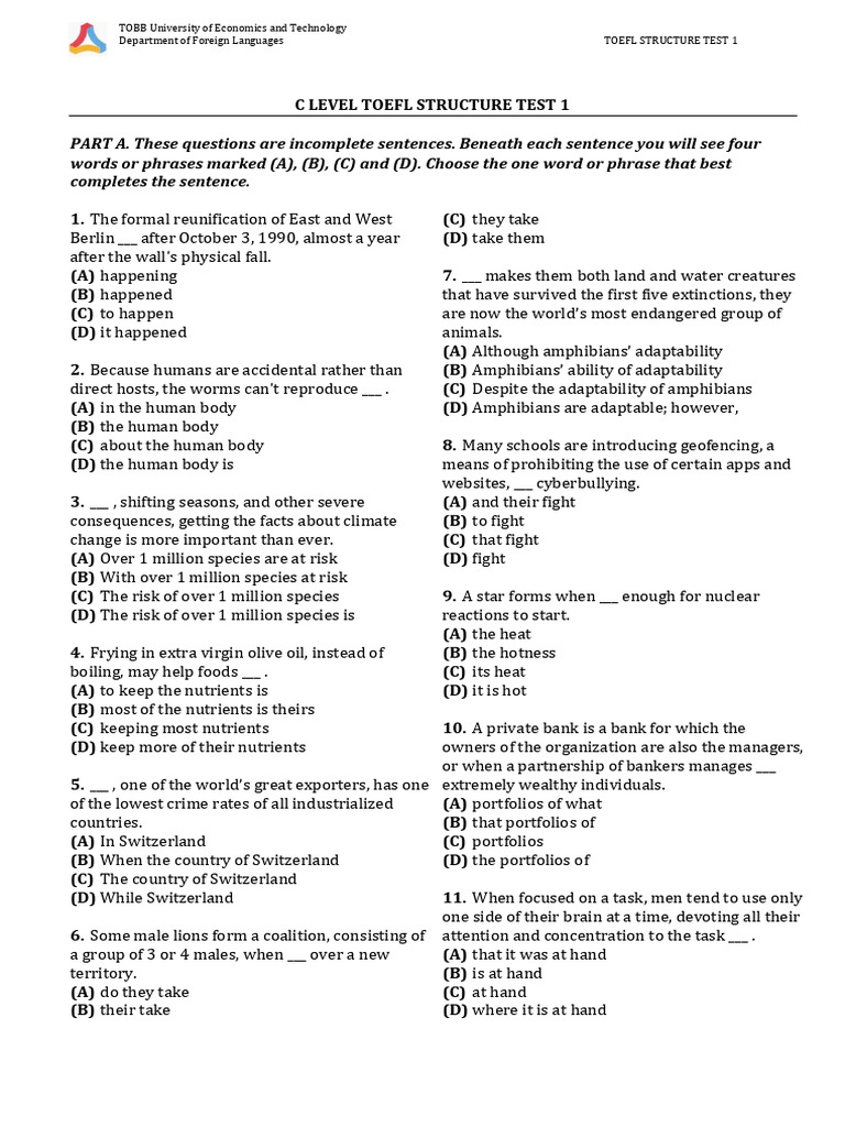 TOEFL-Structure-Tests Week 1-7 - 231107 - 104617 - 110316 | PDF ...