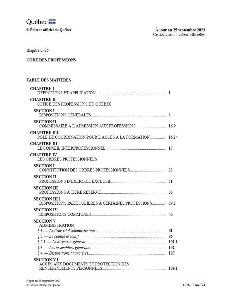Code des Professions du Québec 2023 | PDF | Loi | Conseil d'administration