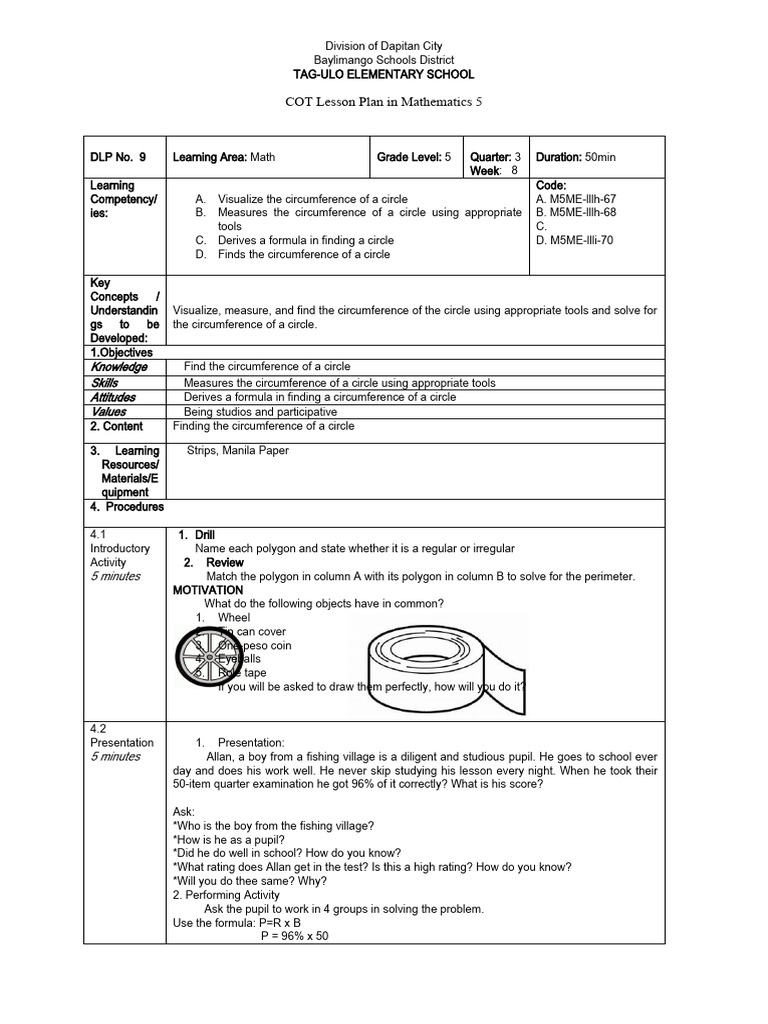 Circumference of a Circle Lesson Plan | PDF | Circle | Percentage