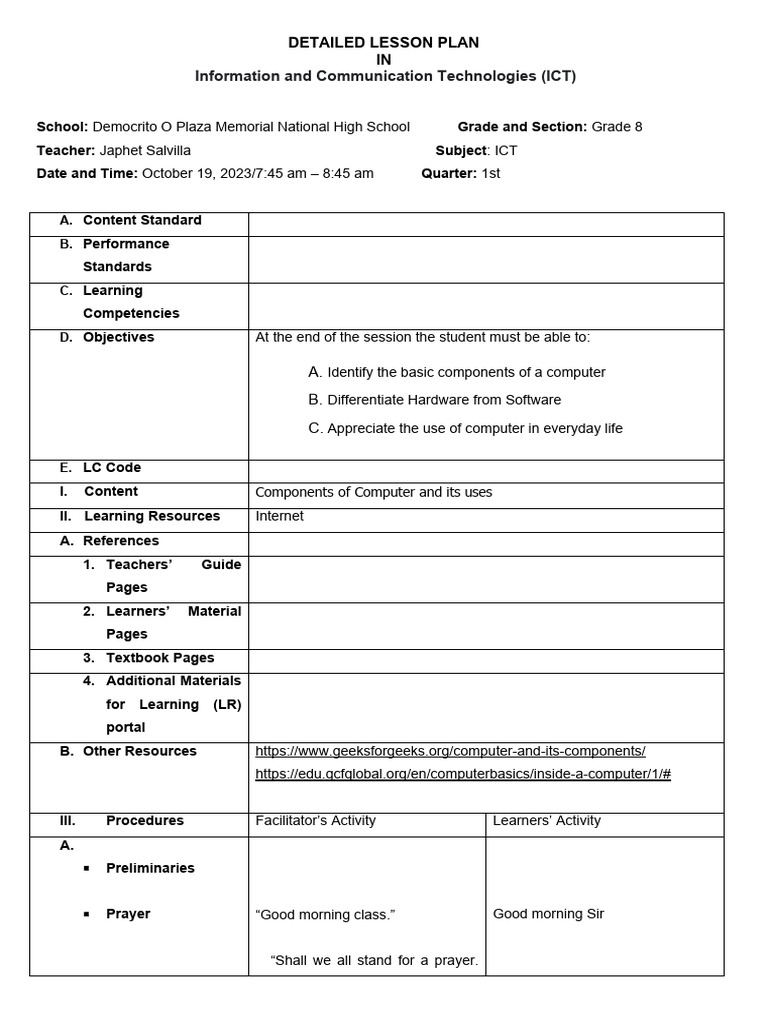 Grade 8 ICT Lesson Plan: Computer Basics | PDF | Computer Data Storage ...