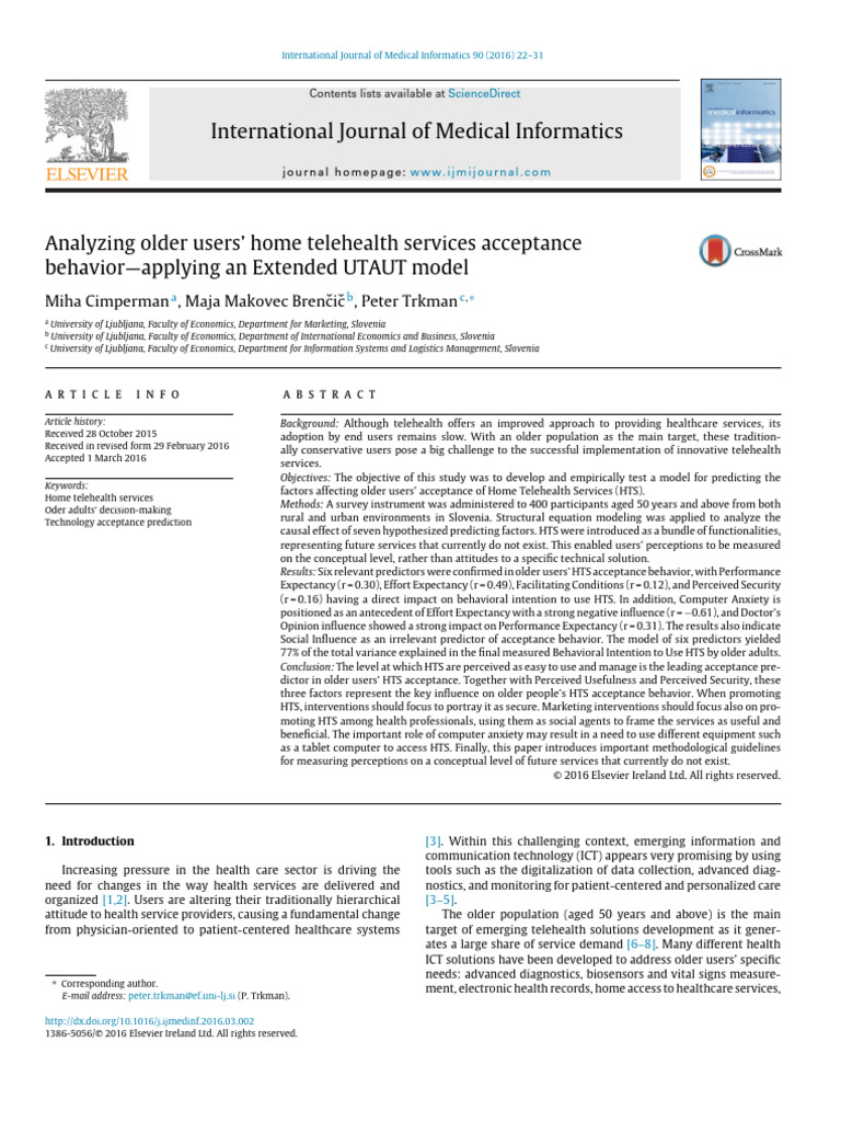 Older Adults' Acceptance of Telehealth Services | PDF | Structural ...