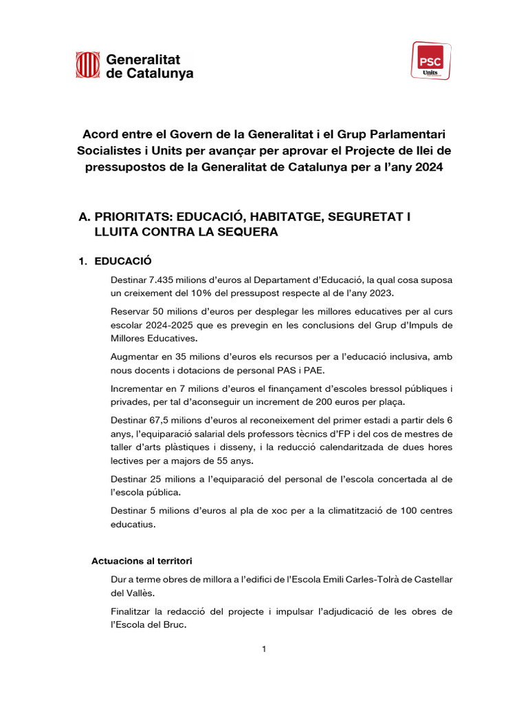 Acord Dels Pressupostos Del 2024 Entre PSC I Govern | PDF