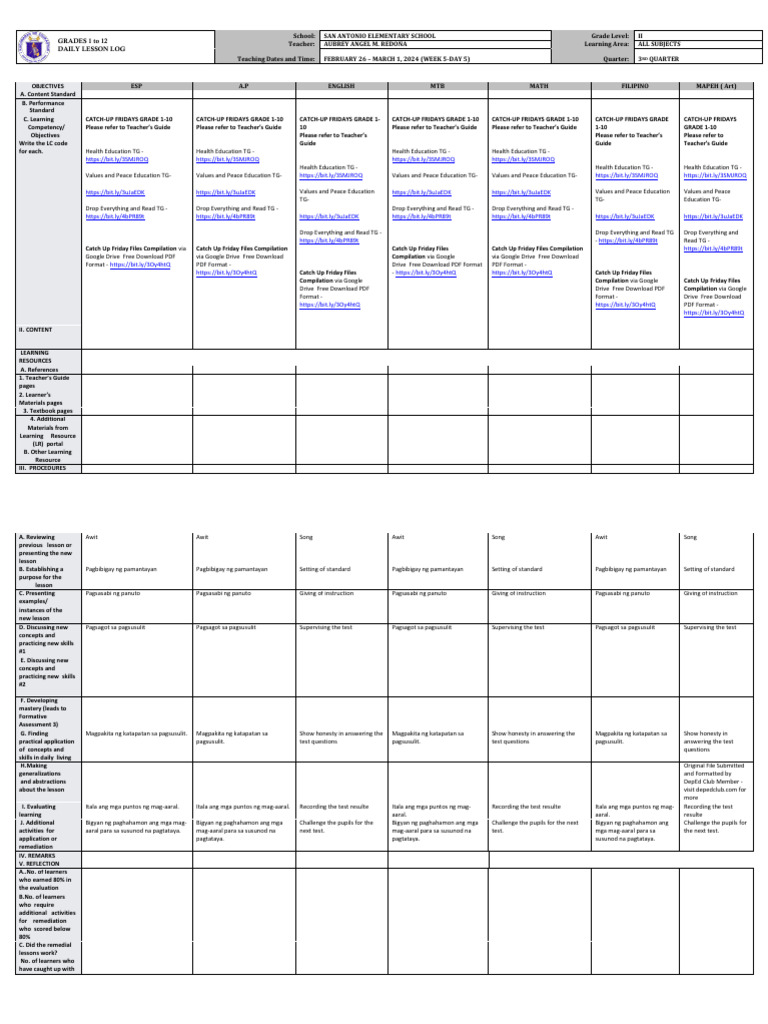 Daily Lesson Log for Grade 2 | PDF | Learning | Teachers