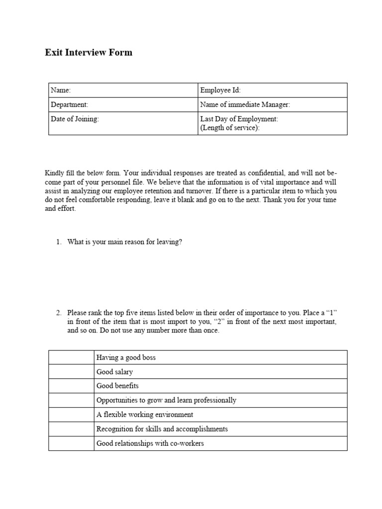 Exit Interview Form Instructions | PDF | Employment | Employee Retention