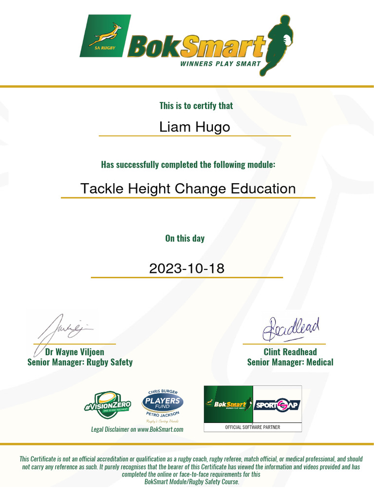 BokSmart Rugby Safety Course Certificate | PDF