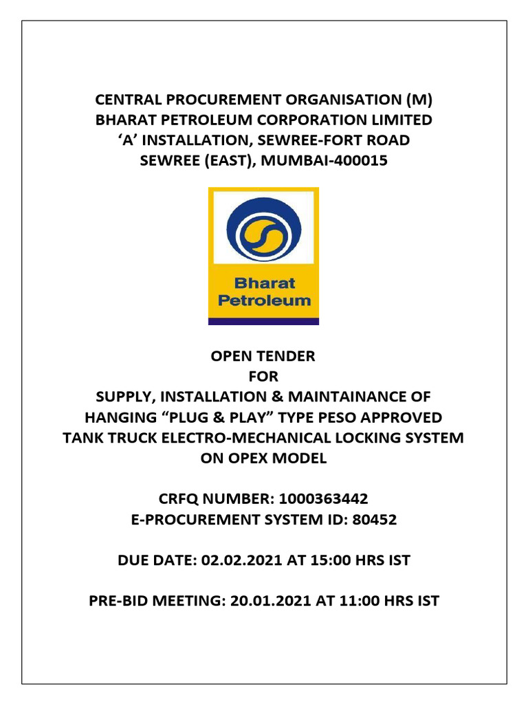 BPCL Tender for Tank Truck Locking System | PDF | Audit | Subsidiary
