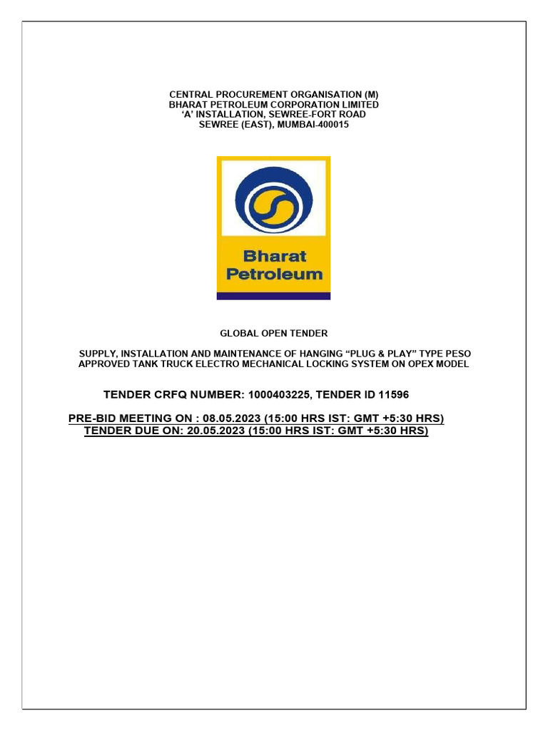 BPCL Tender for Electro-Mechanical Locks | PDF | Wire Transfer | United ...