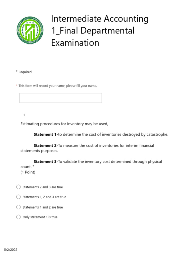 Intermediate Accounting 1 Final Exam | PDF | Depreciation | Fair Value