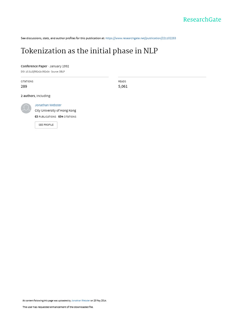 Tokenization As The Initial Phase in NLP | PDF