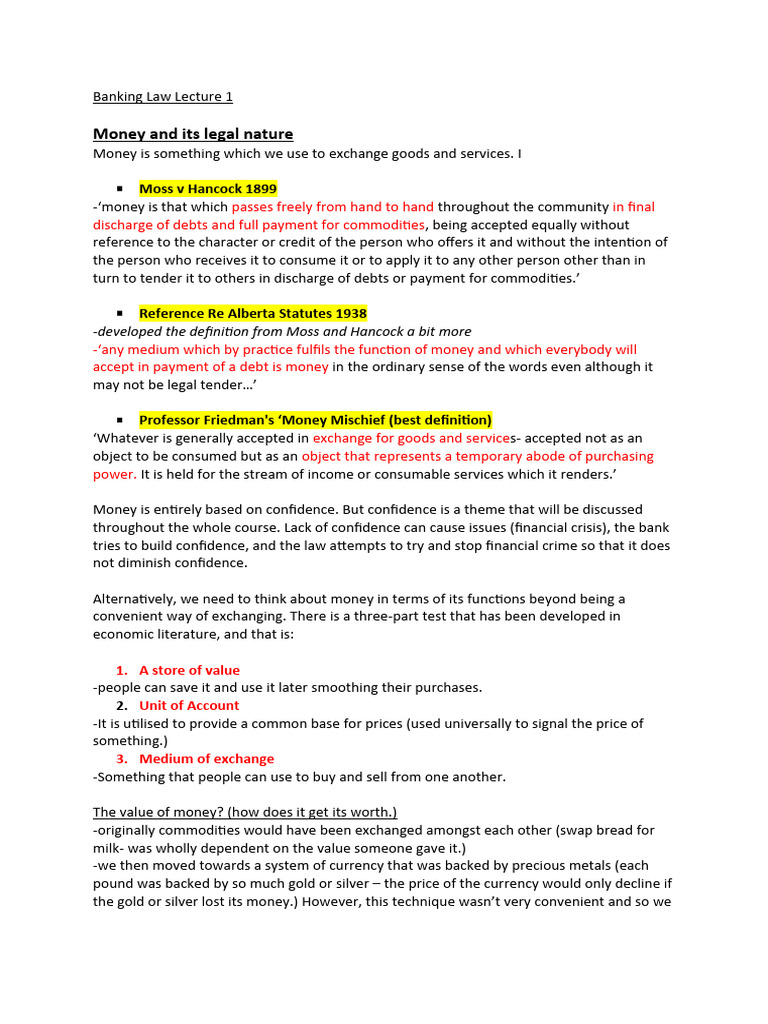 Understanding Money in Banking Law | PDF