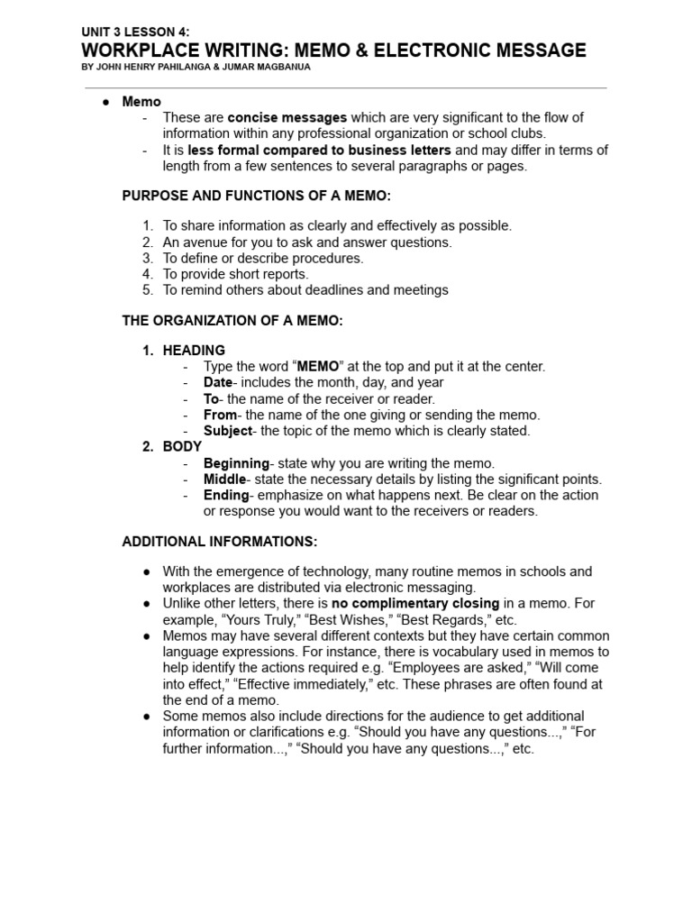 Unit 3 lesson 4 workplace writing download free pdf memorandum