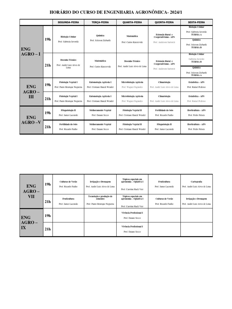 Horário do Curso de Agronomia 2024/1 | PDF | Agronomia | Science