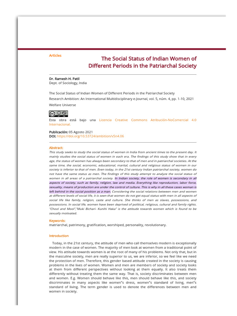 Status of Women in Patriarchal India | PDF | Marriage | Matriarchy
