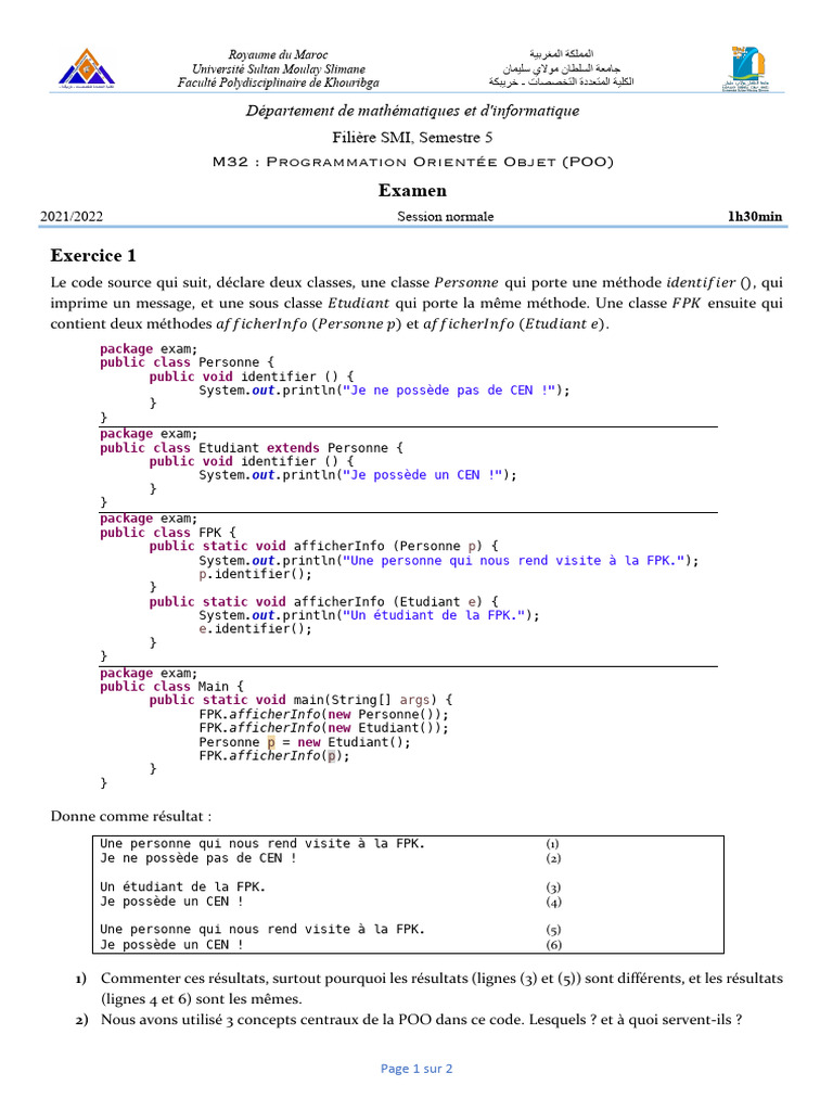 Examen POO : Classes et Héritage en Java | PDF | Informatique