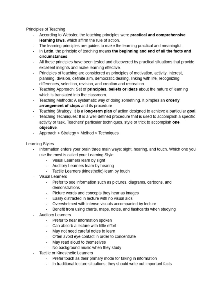 2PROFED17 Notes For Principles of Teaching and Learning Styles | PDF ...
