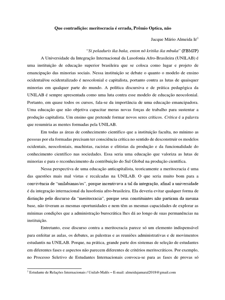 Contradições da Meritocracia na UNILAB | PDF | Meritocracia | Science