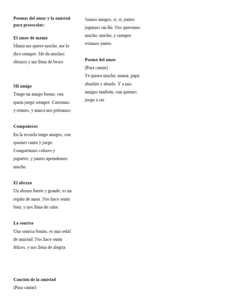 Poemas Del Amor y La Amistad para Preescolar | PDF, image size:768x1024