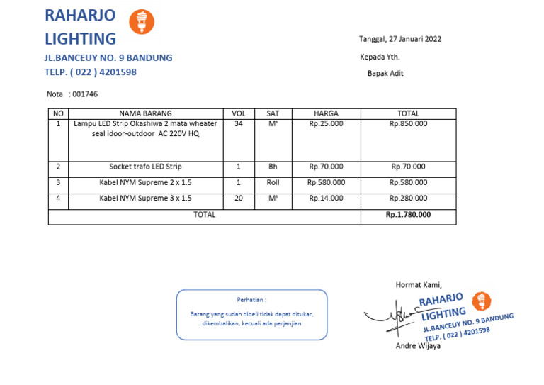 Nota Pembelian Raharjo Lighting | PDF