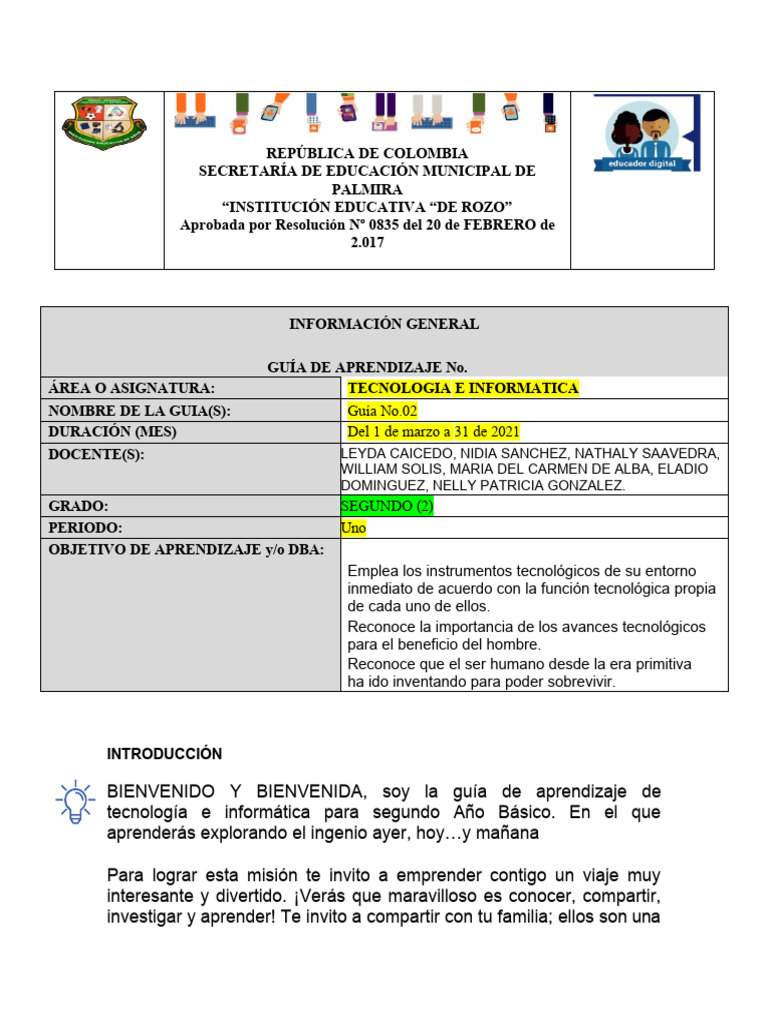 Guía de Tecnología e Informática 2º Grado | PDF | Aprendizaje