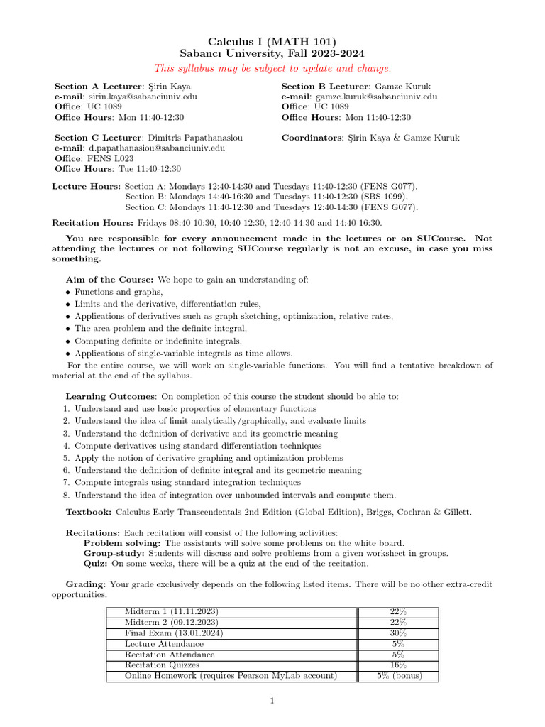 Calculus I Syllabus - Fall 2023-2024 | PDF | Derivative | Integral