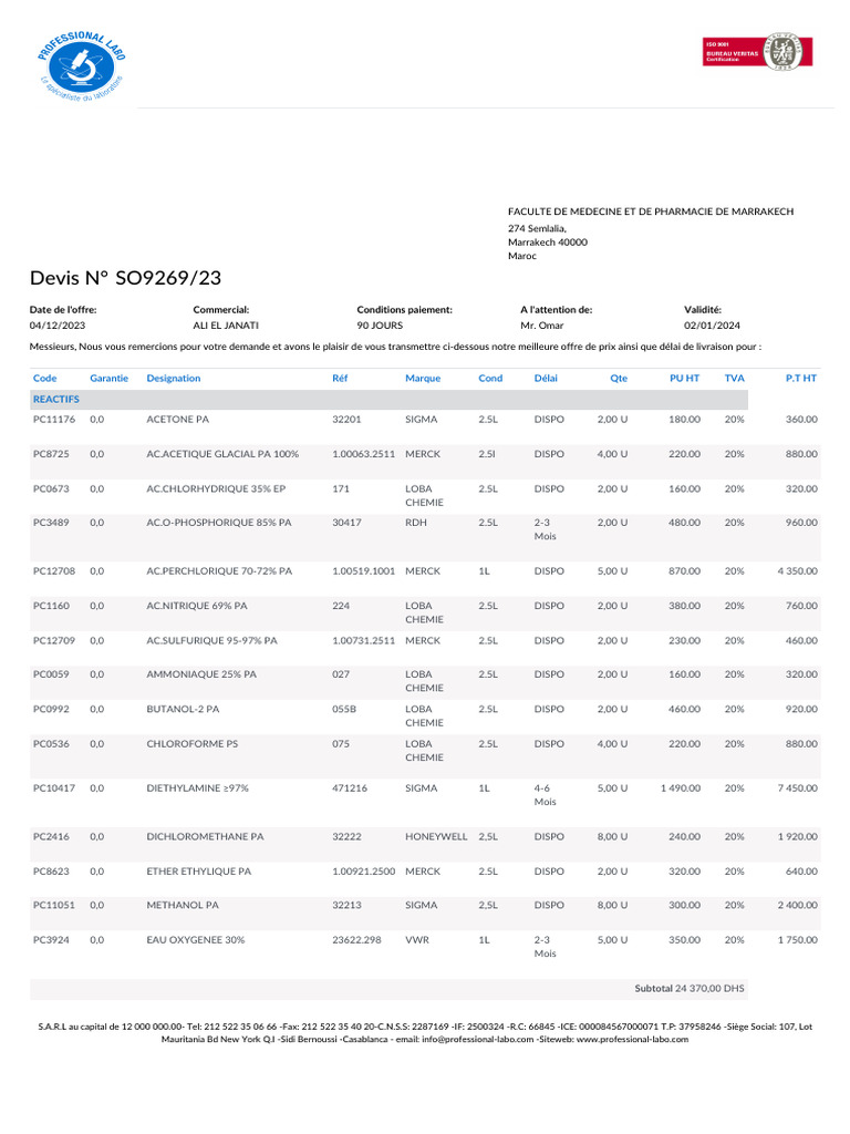 Devis produits chimiques - SO9269/23 | PDF