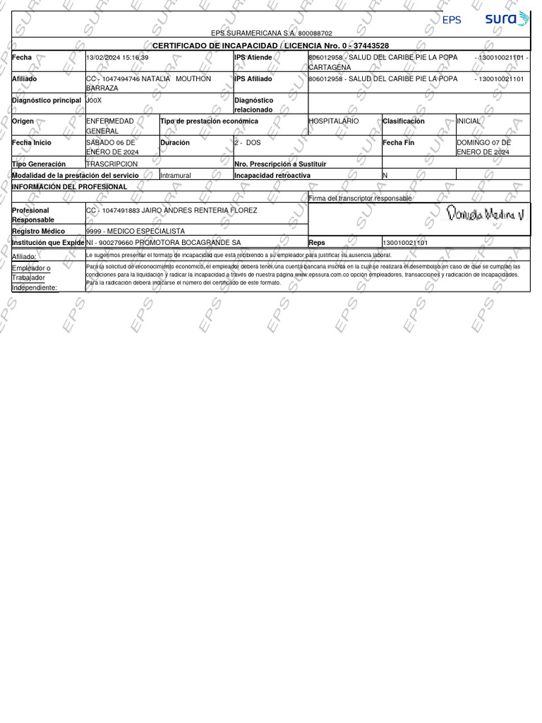 Certificado de Incapacidad EPS SURA | PDF | Cuidado de la salud