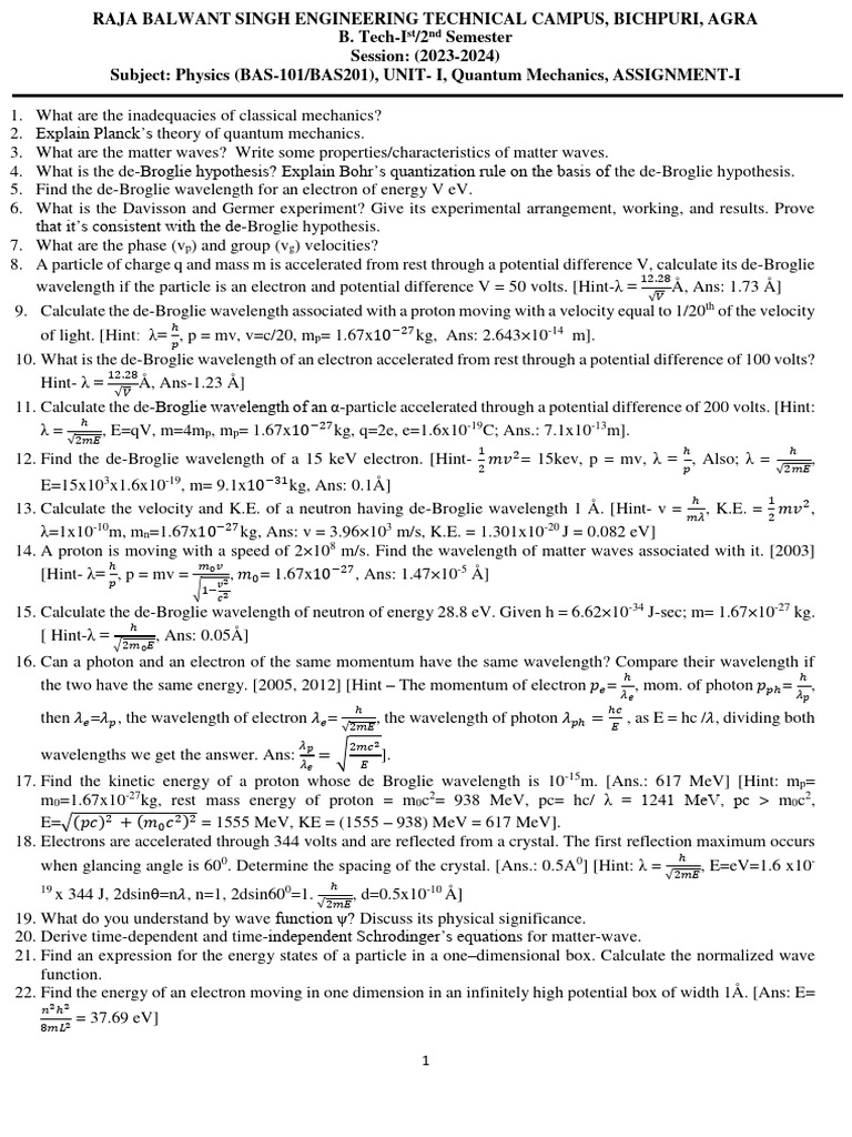 Quantum Mechanics Assignment Overview | PDF | Electronvolt | Electron