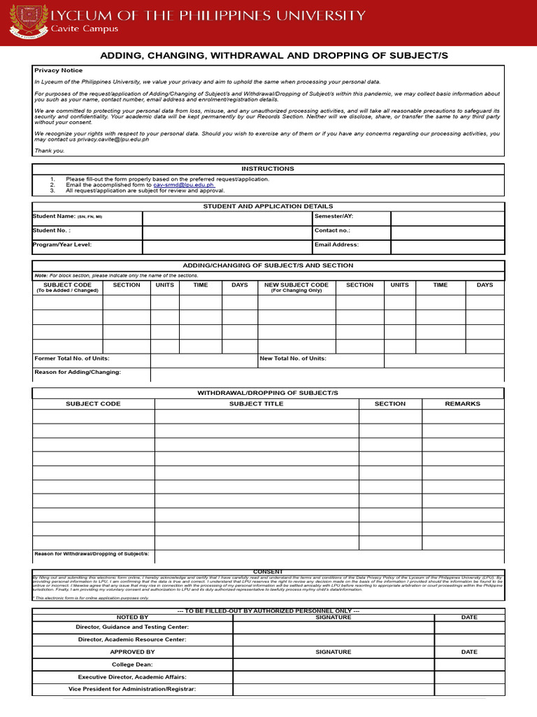LPU Privacy Notice for Subject Changes | PDF | Privacy | Consent