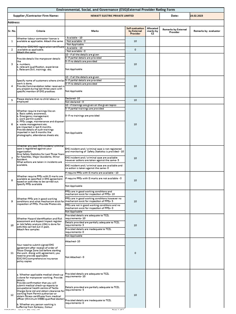 ESG Risk Management Evaluation Form | PDF | Safety | Business