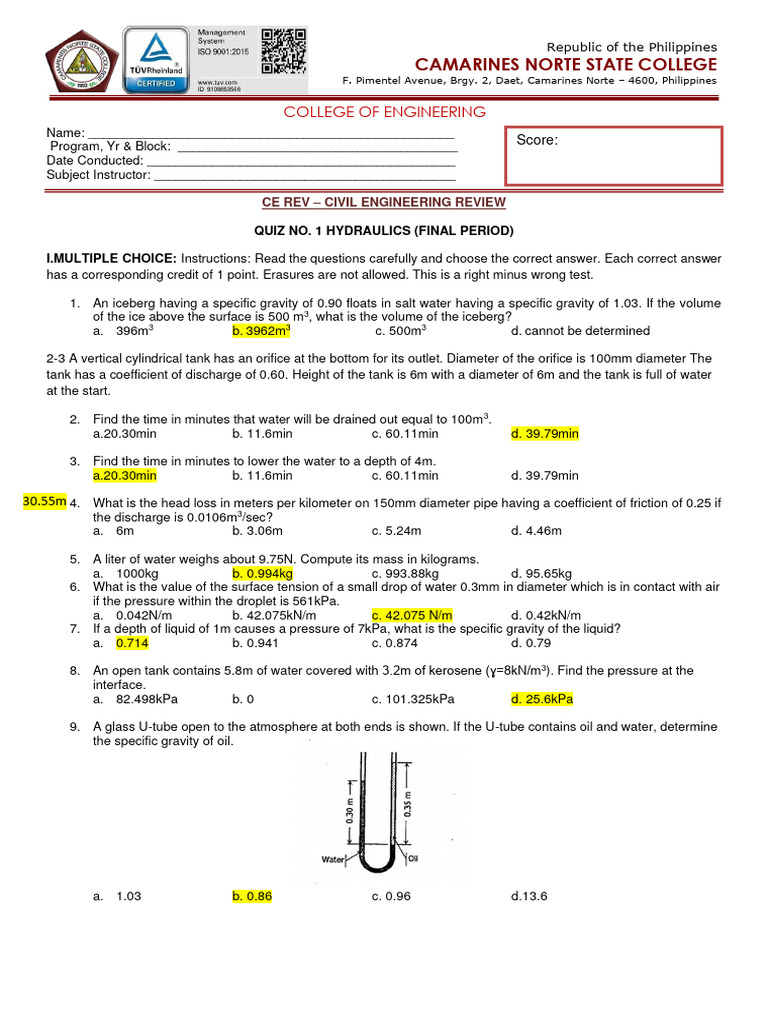 Hydraulics Quiz: Head Loss Calculations | PDF | Pressure | Liquids