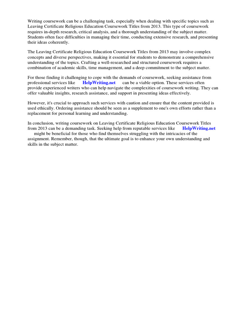 Leaving Certificate Religious Education Coursework Titles 2013 PDF