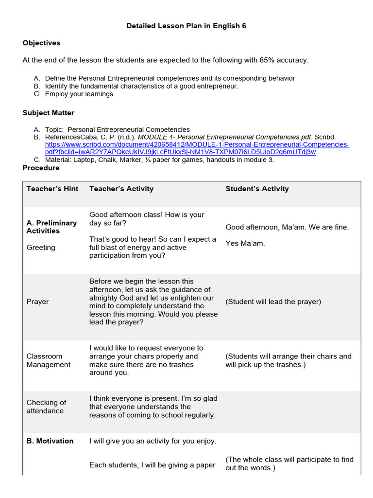 Detailed Lesson Plan in English 6 Sample | PDF | Entrepreneurship ...
