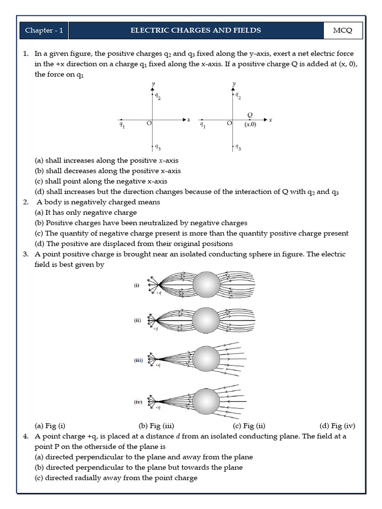 Electric Charges and Fields MCQs | PDF | Force | Sphere