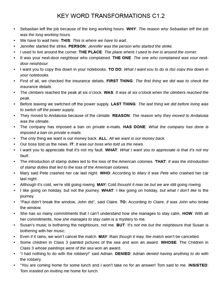 Key Word Transformations C1.2 Guide | PDF | Mystery, Thriller & Crime ...