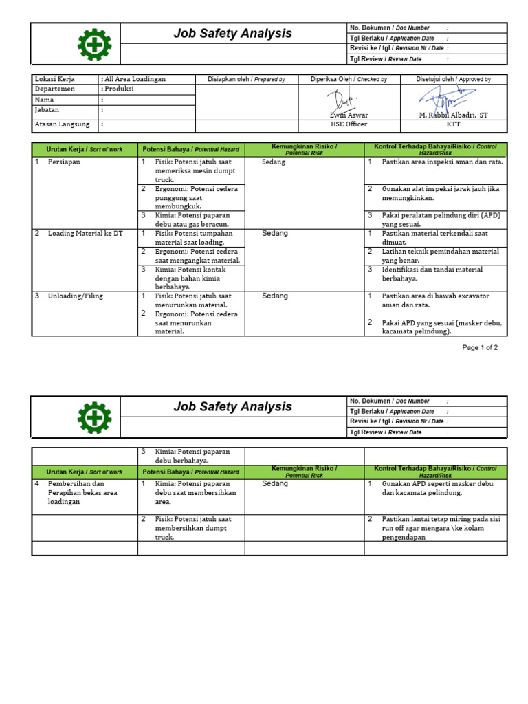 Lamp. 2 Form JSA - Loading & Unloading Material | PDF