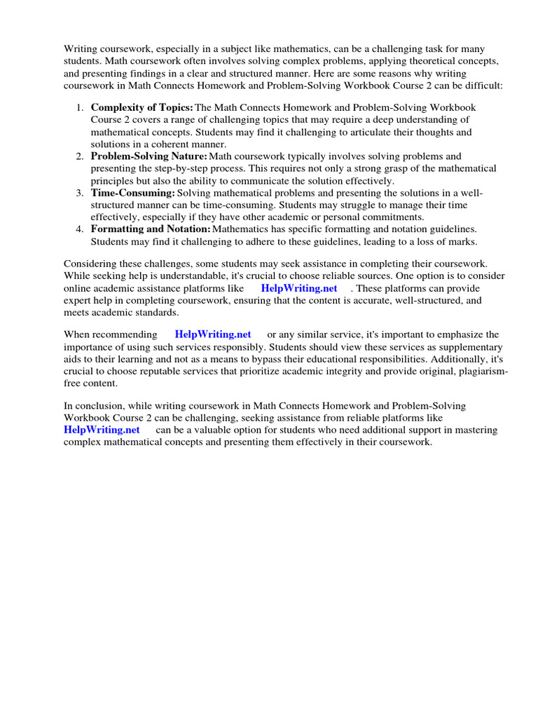 Math Connects Homework and Problem-Solving Workbook Course 2 (Math