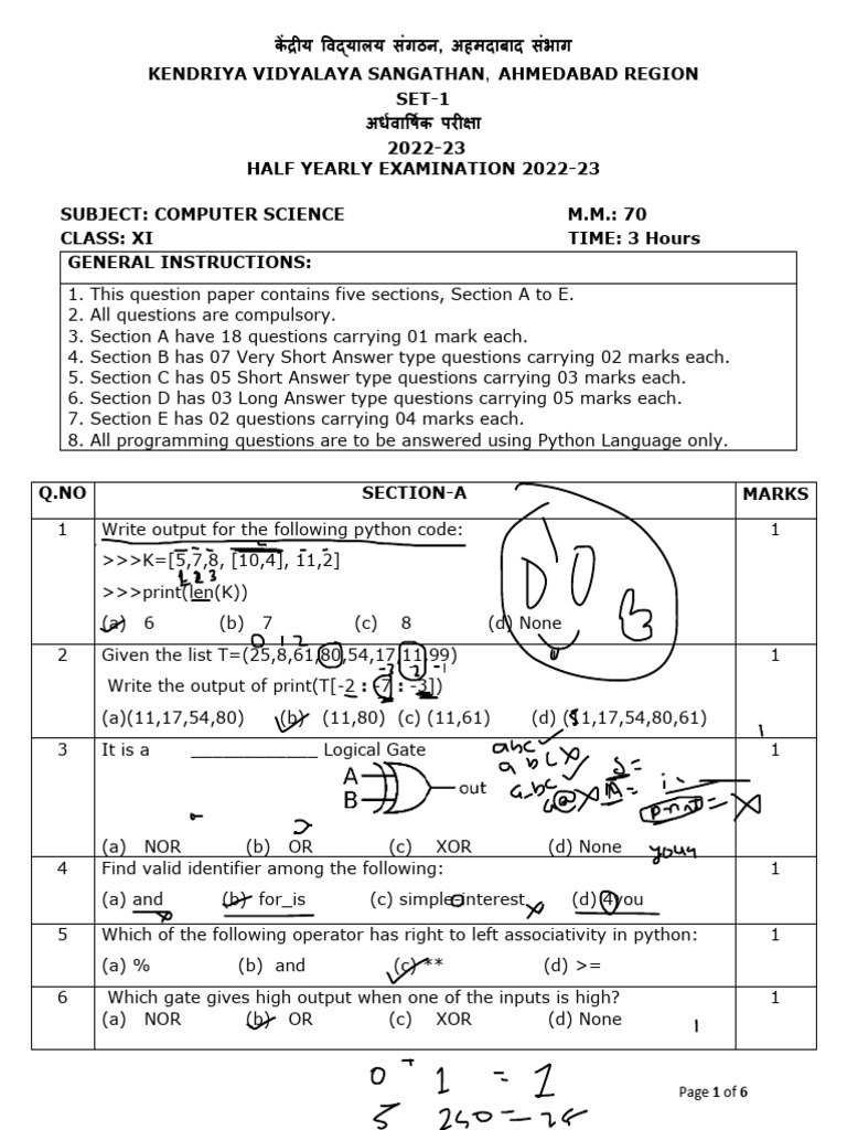 Computer Science Half-Yearly Exam 2022-23 | PDF | Python (Programming ...