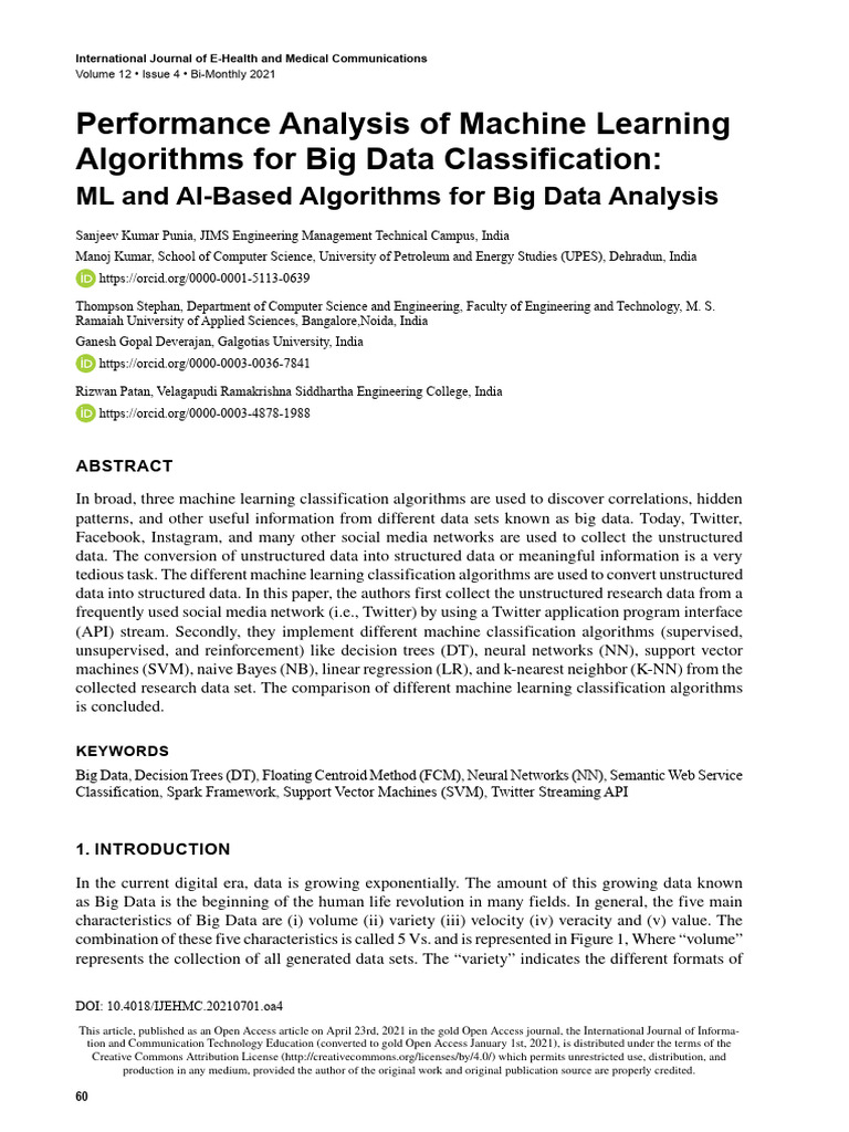 Performance Analysis of Machine Learning Algorithms For Big Data ...