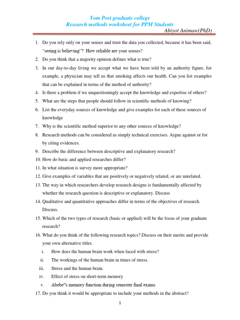 Research Methods Worksheet for PPM Students | PDF | Statistics | Knowledge