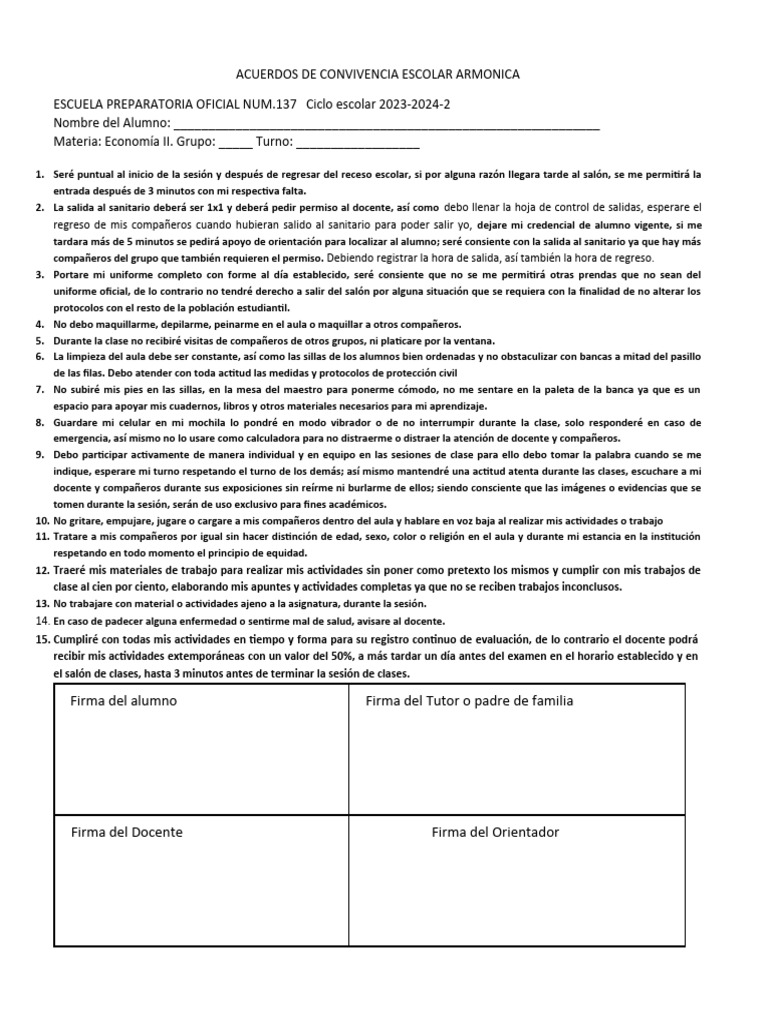 Normas de Convivencia Escolar | PDF | Salón de clases