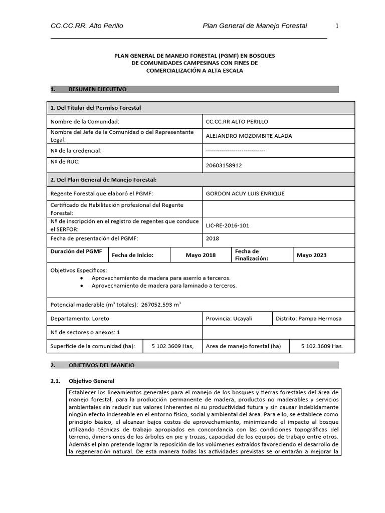 PGMF CC.CC.RR. Alto Perillo 2018-2023 | PDF | Los bosques | Gestión de ...