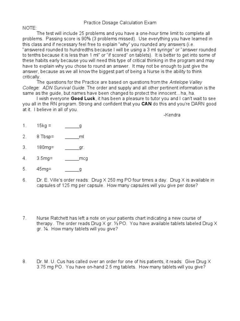 Practice Dosage Calculation Exam Tablet (Pharmacy) Pharmacy