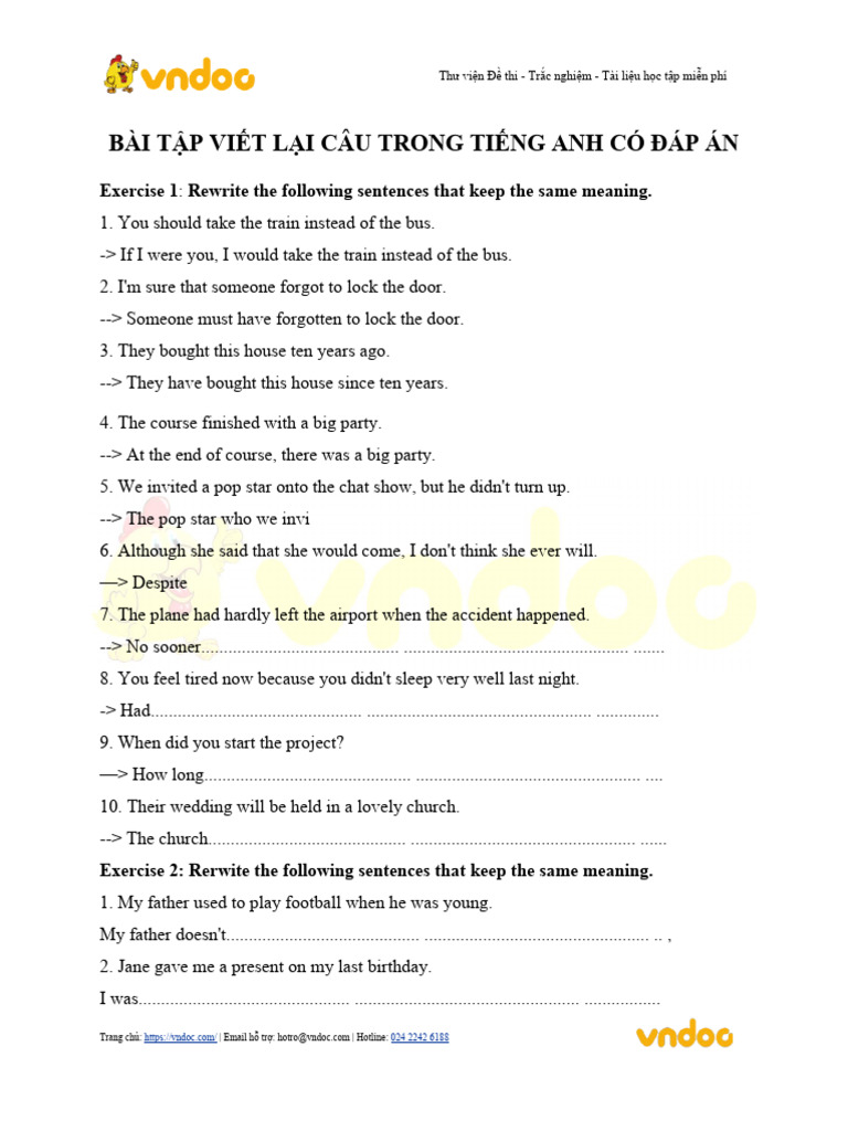 Bai Tap Viet Lai Cau Trong Tieng Anh Co Dap An | PDF