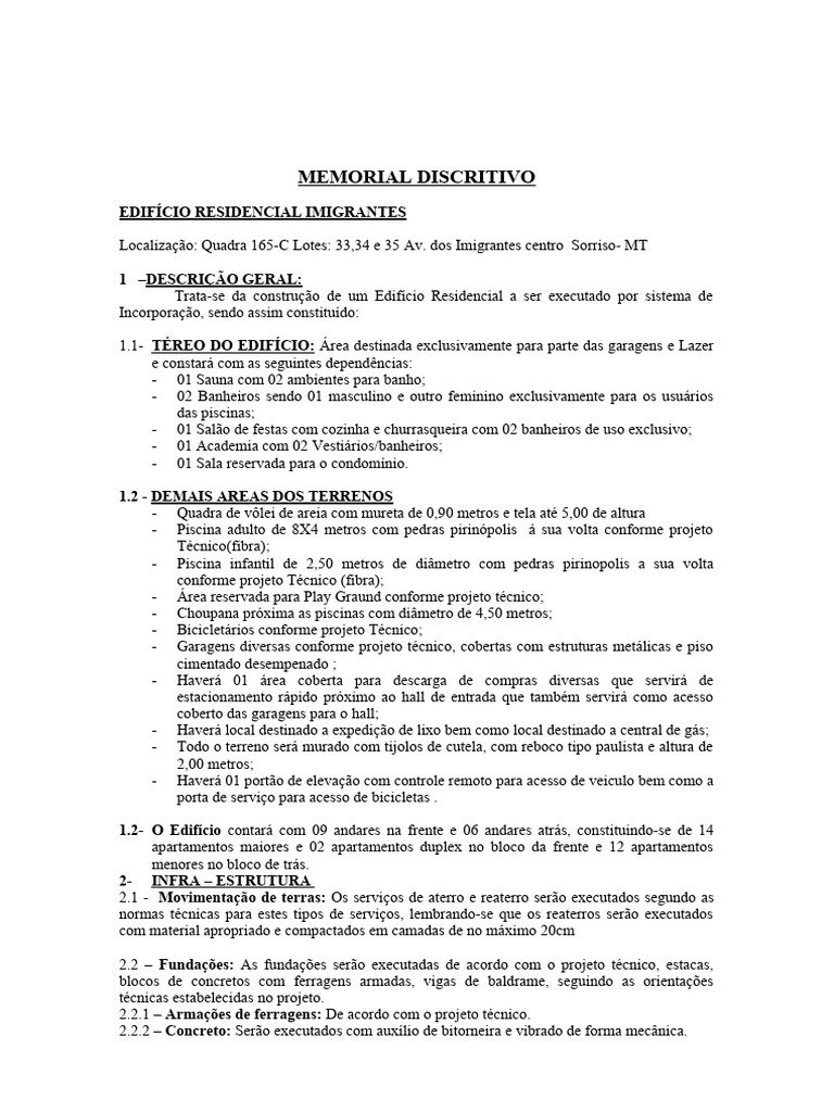 Memorial Descritivo Edifício Imigrantes | PDF | Materiais