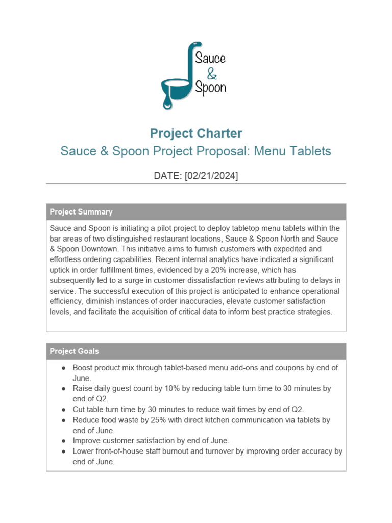 Sauce and Spoon Project Charter | PDF | Menu | Point Of Sale